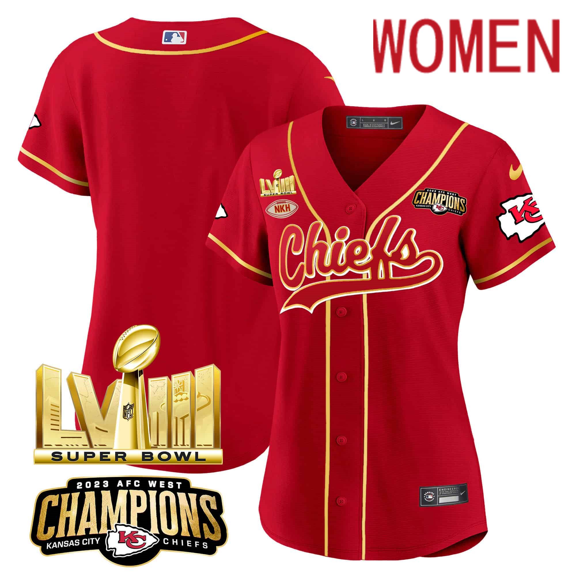Women Kansas City Chiefs Blank Red 2024 Nike Super Bowl LVIII Back 2 Back Gold Patch Baseball NFL Jersey